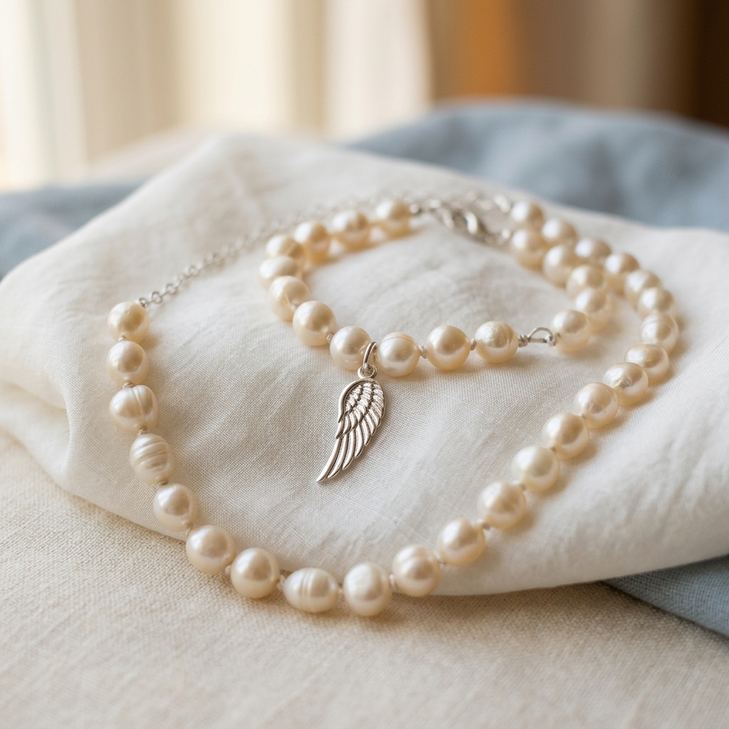 Freshwater Pearl & Angel Wing Necklace view 3